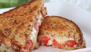 gooey grilled cheese and tomato sandwich on wholegrain bread