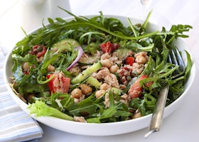 Tuna salad with chickpeas, arugula, tomatoes, red onion and capers.  Delicious, low-fat healthy eating.